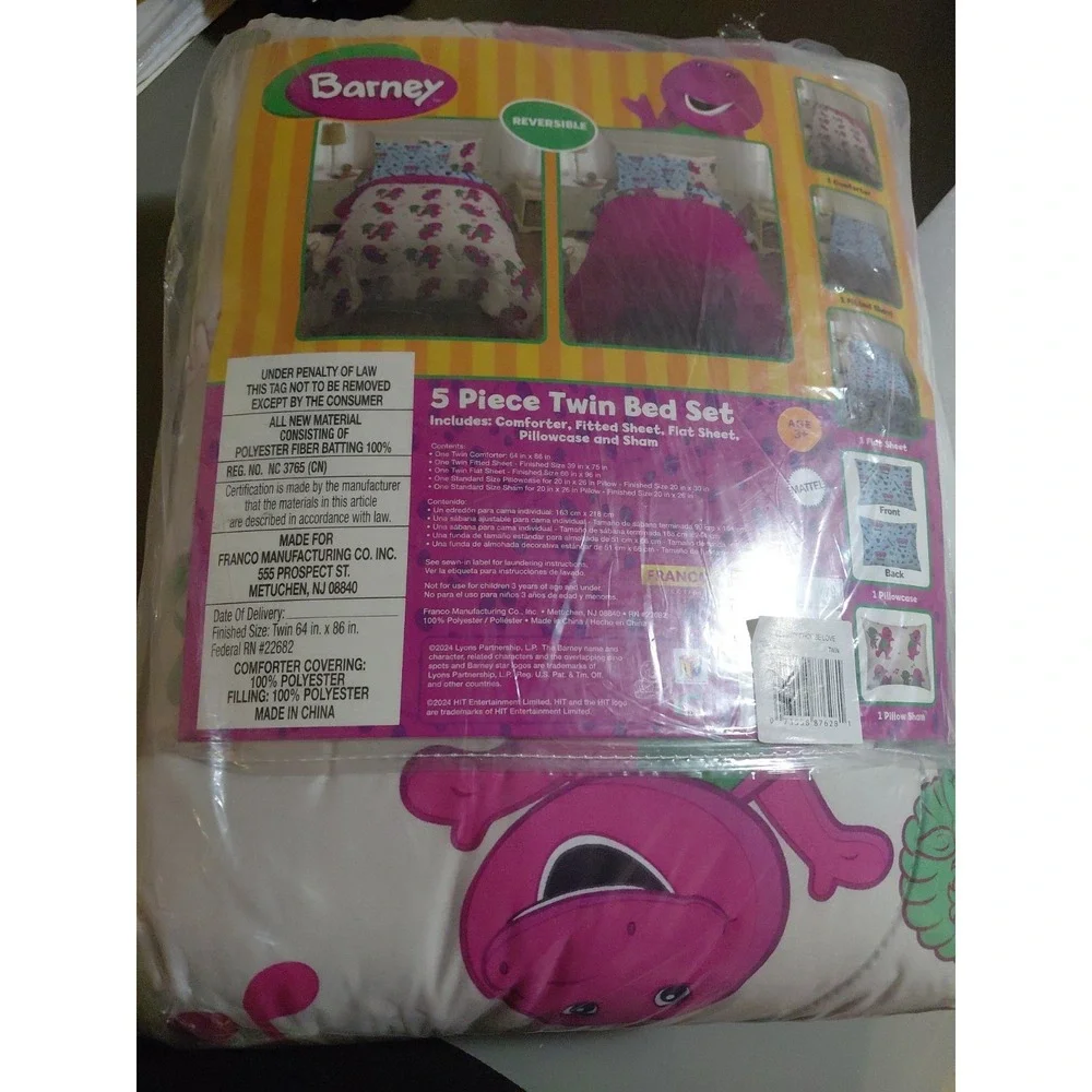 Barney & Friends Bedding 7 Piece Reversible Comforter, Sheet Set w/Sham, Full Sz
